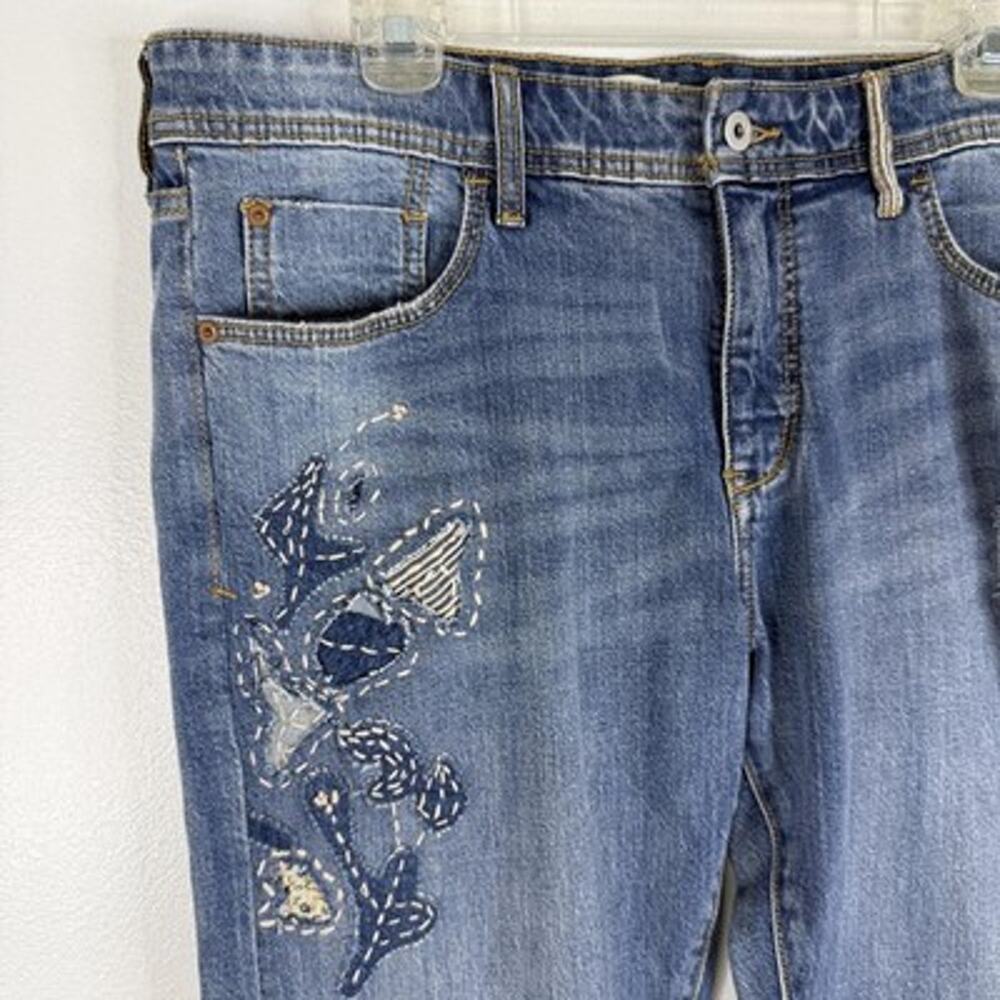 Pilcro Embroidered Floral Patchwork Jeans 31 Blue Slim Boyfriend Denim Womens